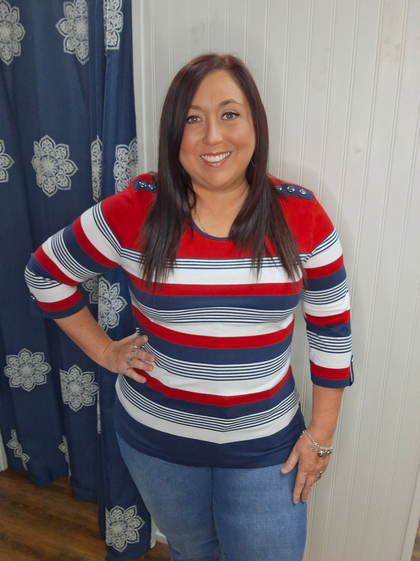Red/White/Blue Knit Striped 3/4 Sleeve Top