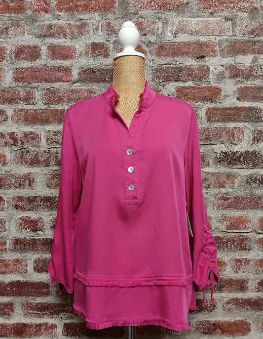 Pink 3/4 Sleeve Drawstring Fringe Hem Top