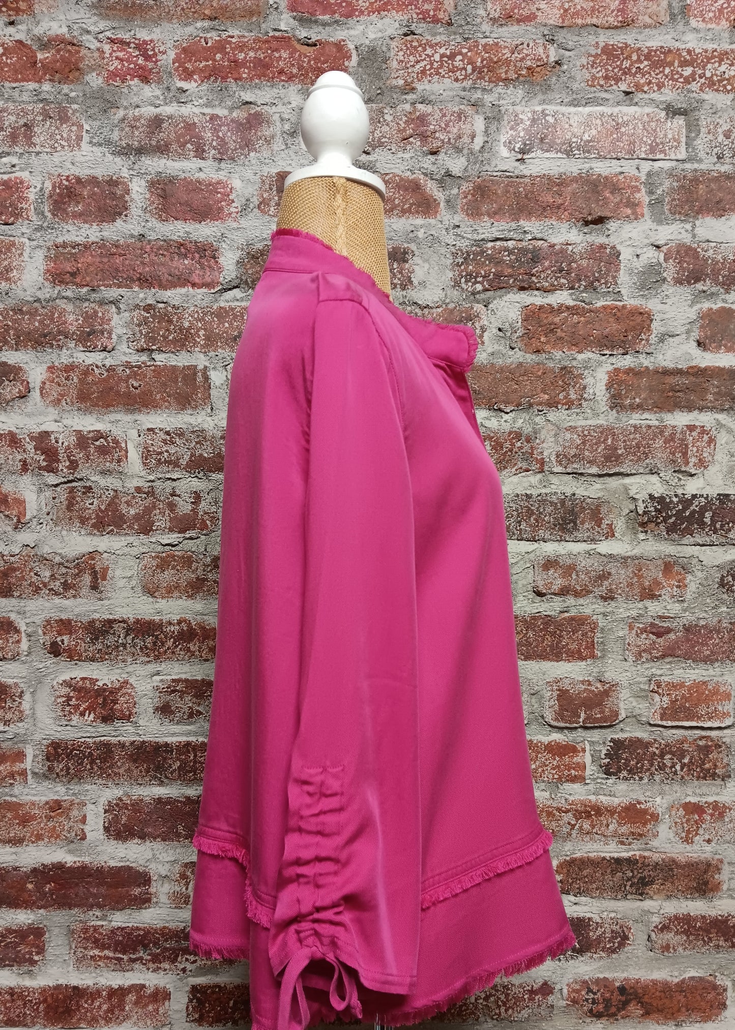 Pink 3/4 Sleeve Drawstring Fringe Hem Top