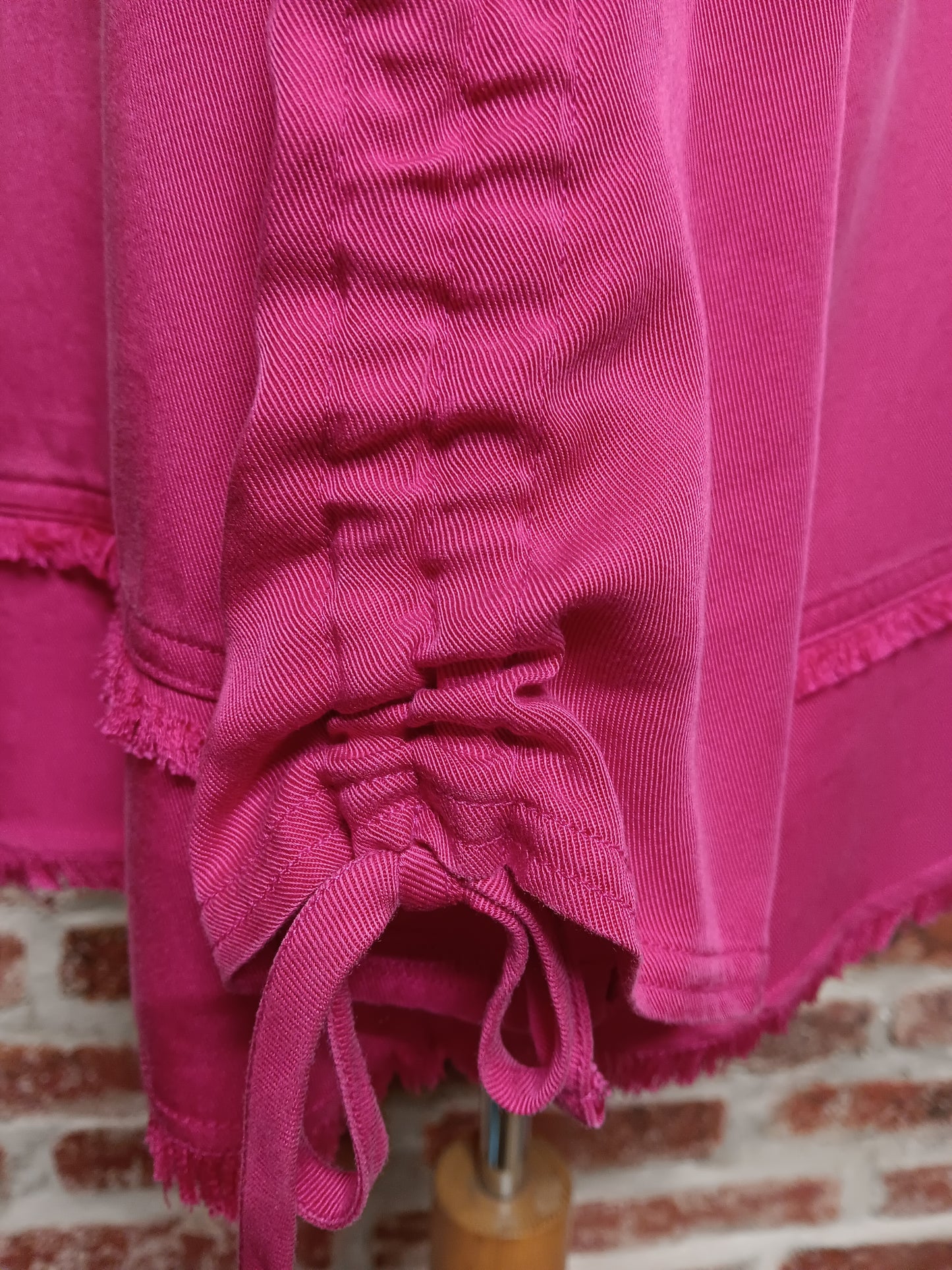 Pink 3/4 Sleeve Drawstring Fringe Hem Top