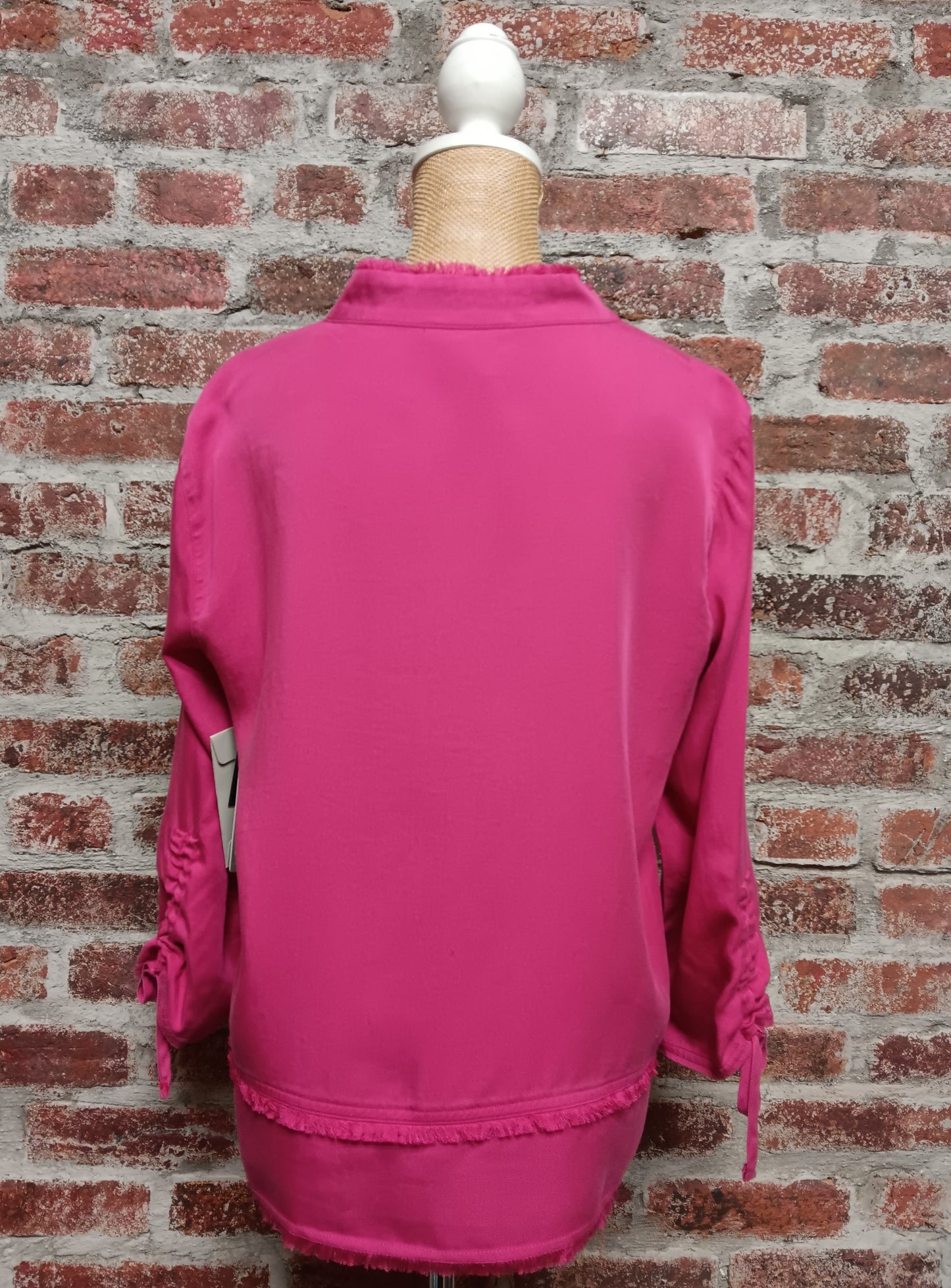 Pink 3/4 Sleeve Drawstring Fringe Hem Top