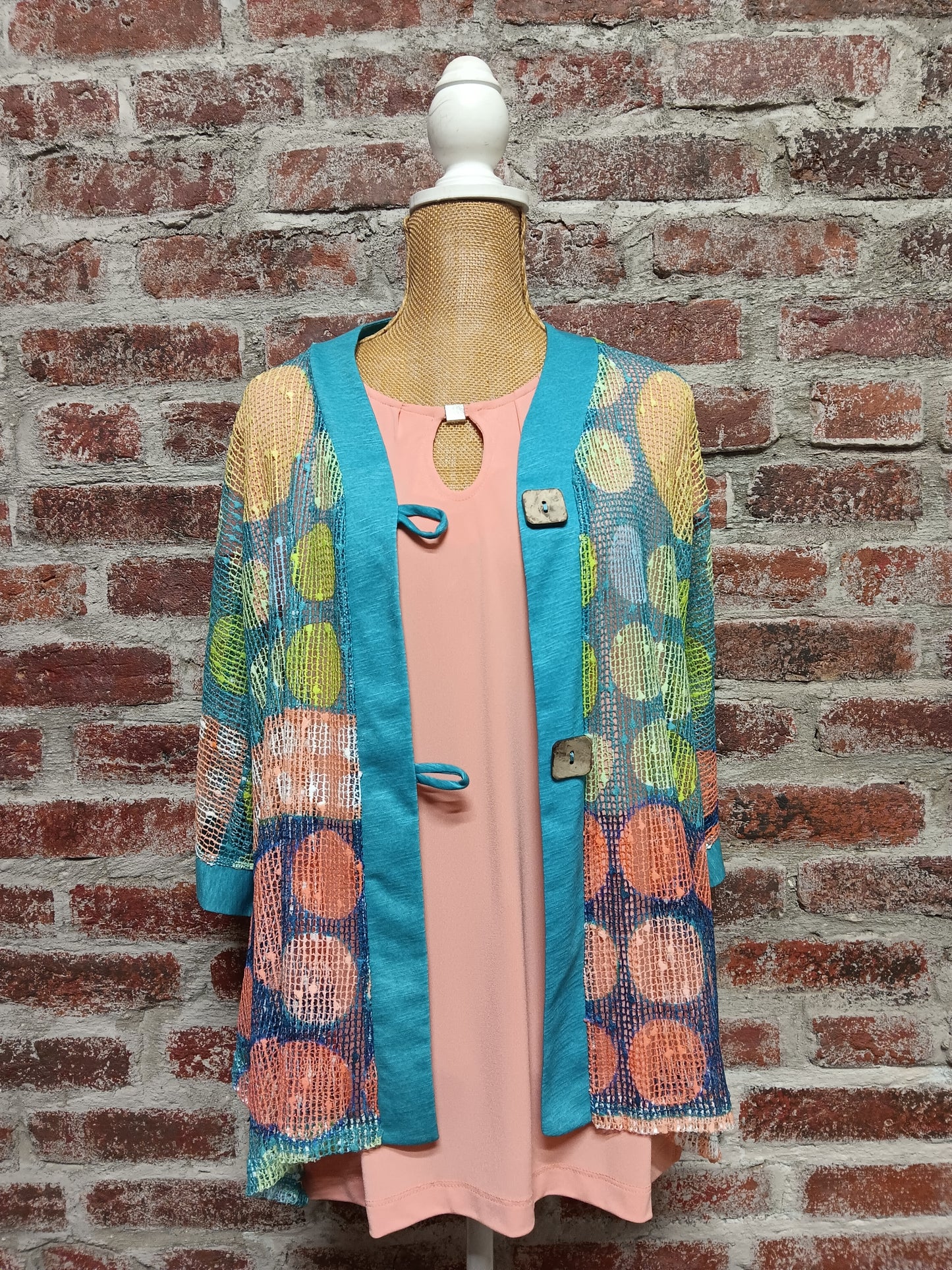 Multicolored Printed Mesh Cardigan With Two Button Closure