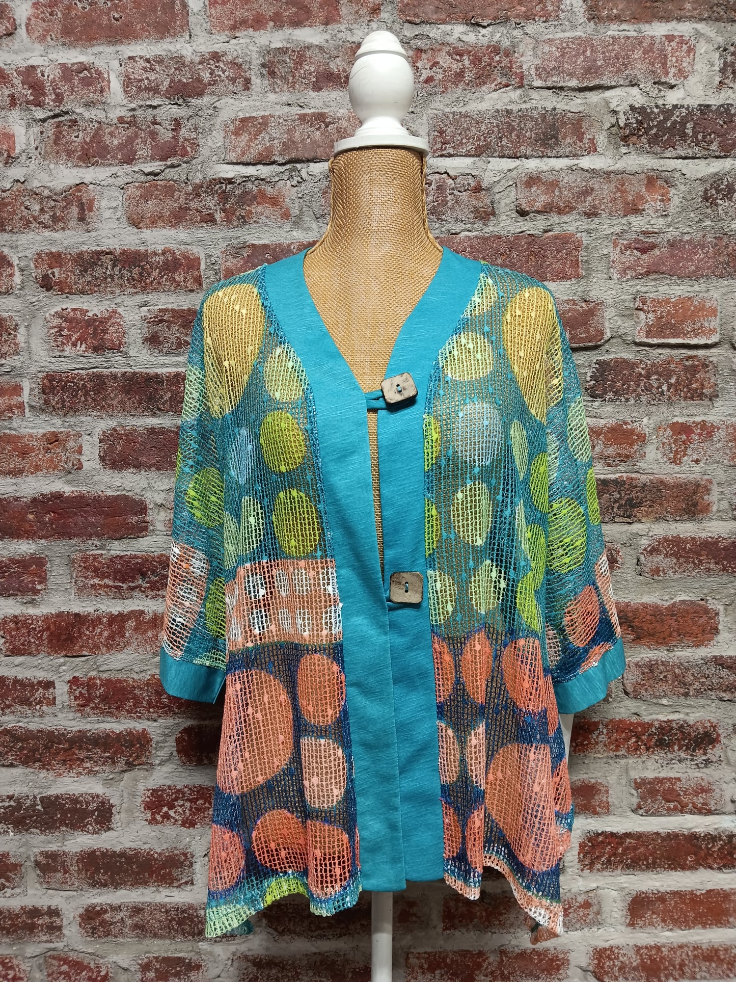 Multicolored Printed Mesh Cardigan With Two Button Closure