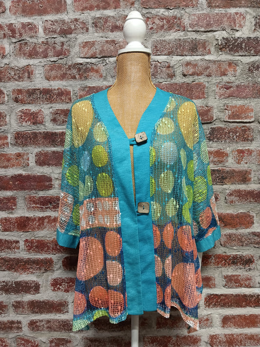 Multicolored Printed Mesh Cardigan With Two Button Closure