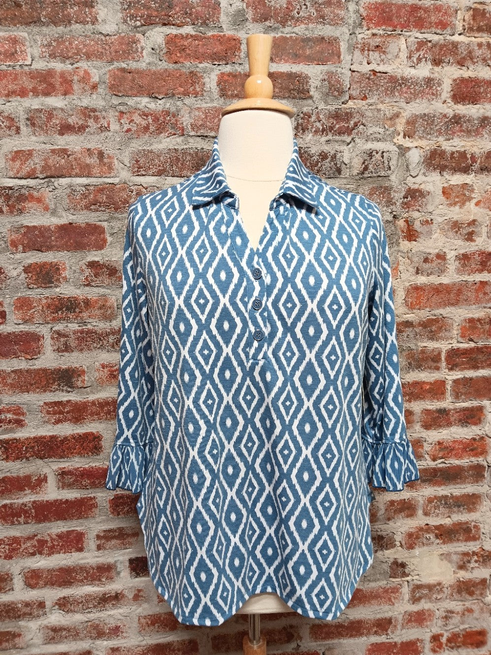 Blue and White Pleated Flounce 3/4 SLV Top