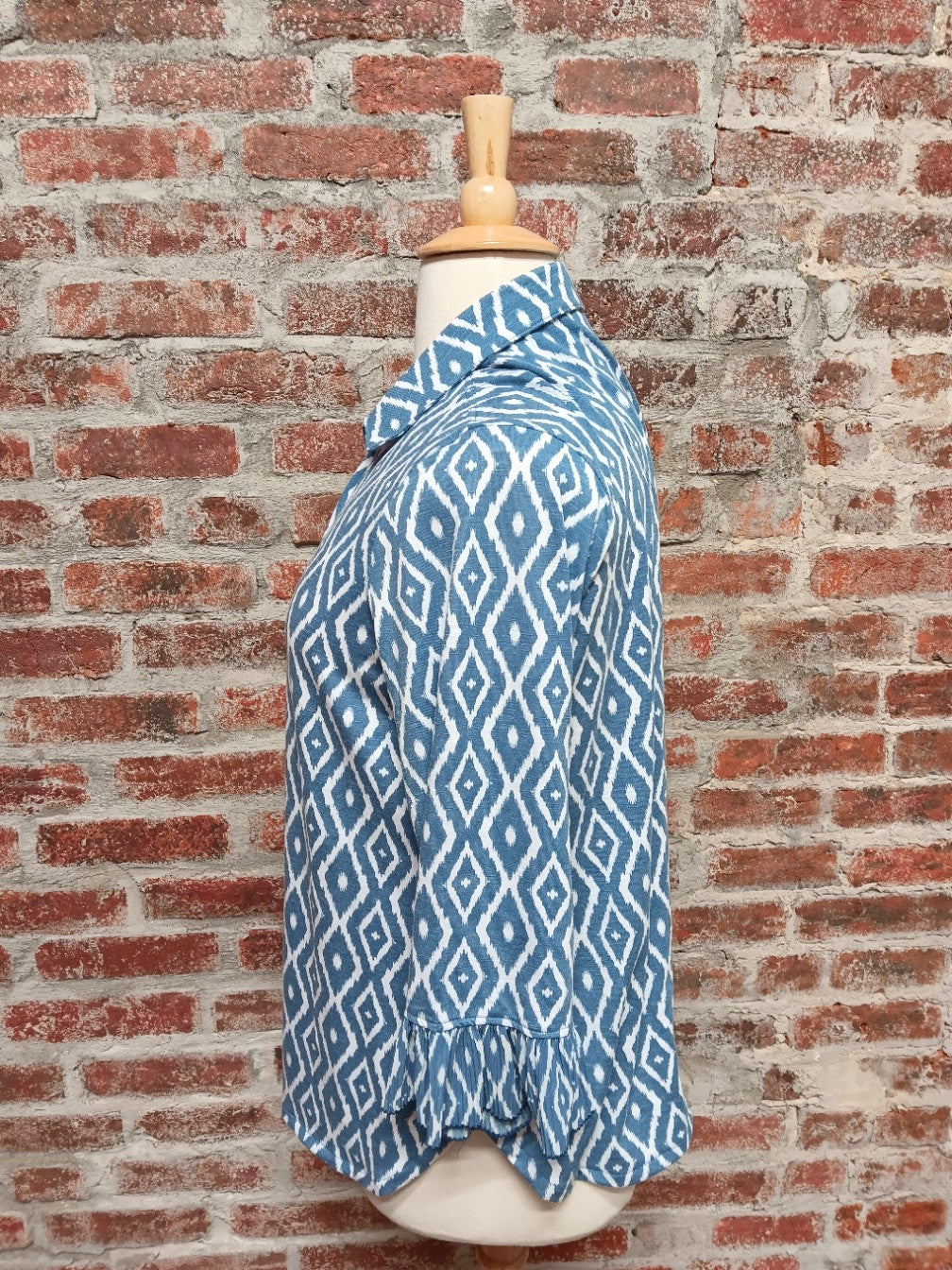 Blue and White Pleated Flounce 3/4 SLV Top