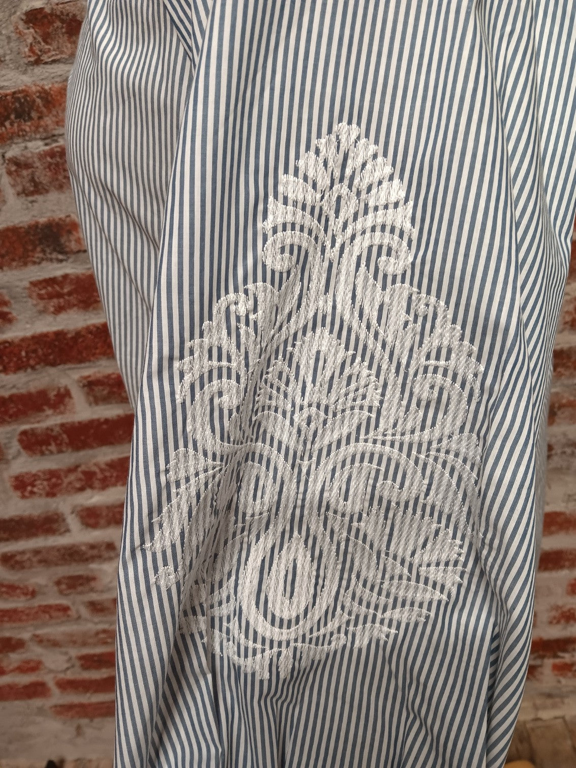 Blue and White Raglan SLV Front Tie Waist Plus Top