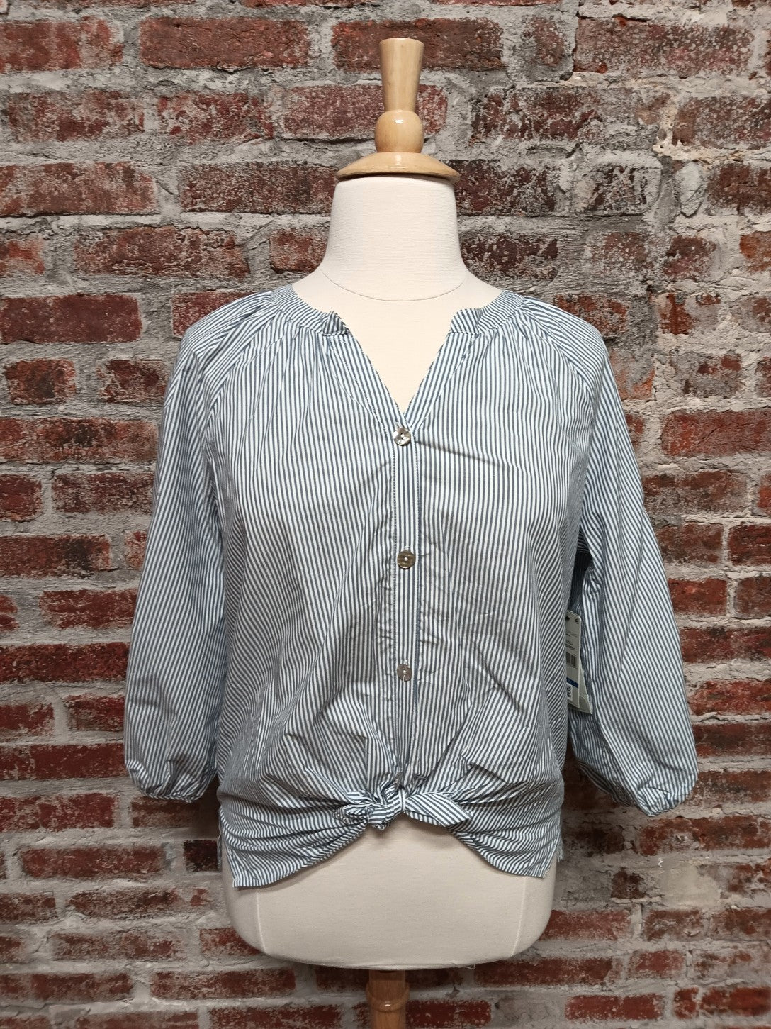 Blue and White Raglan SLV Front Tie Waist Plus Top