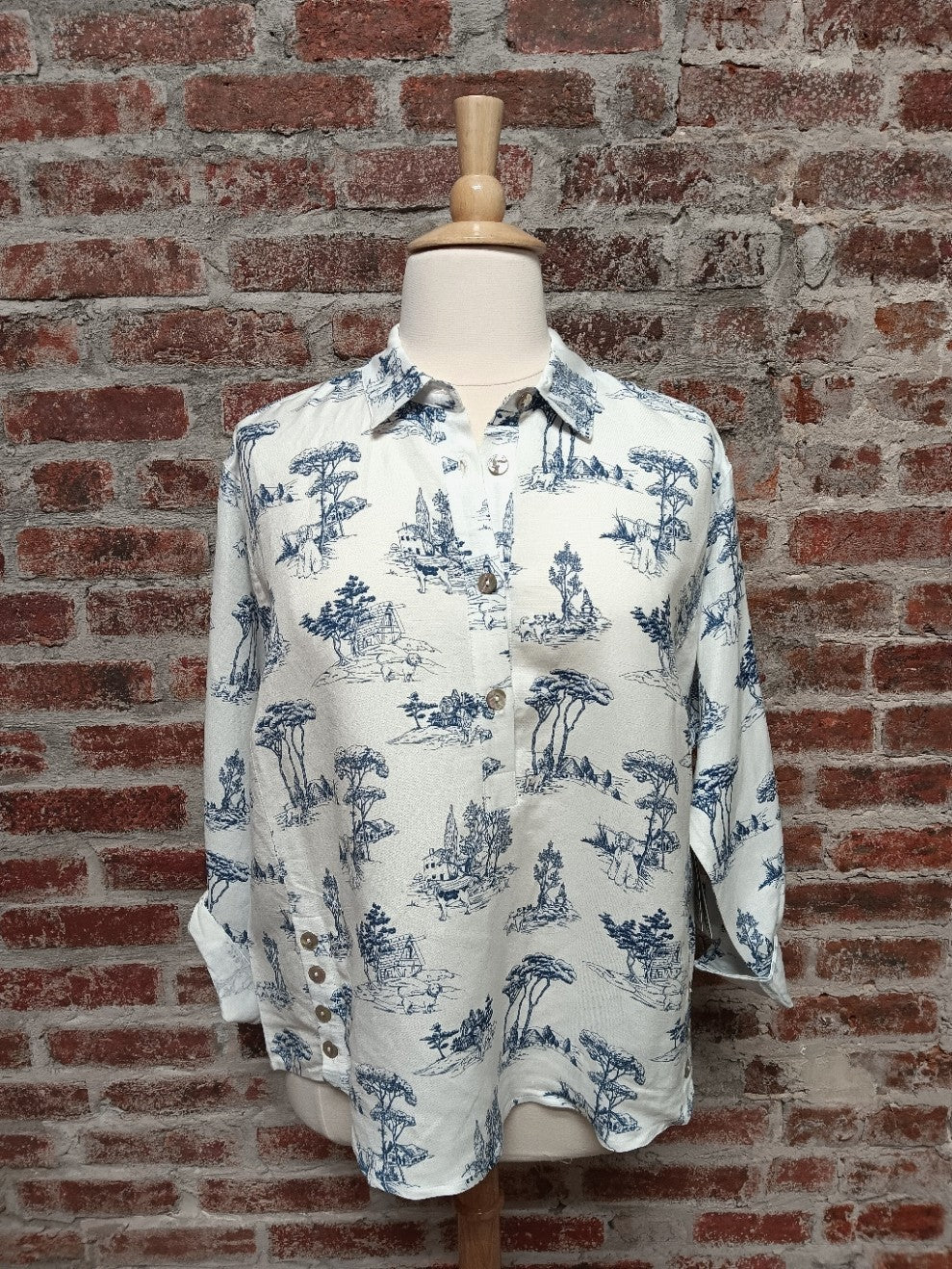 Blue and White Roll Tab with Dog Print Top