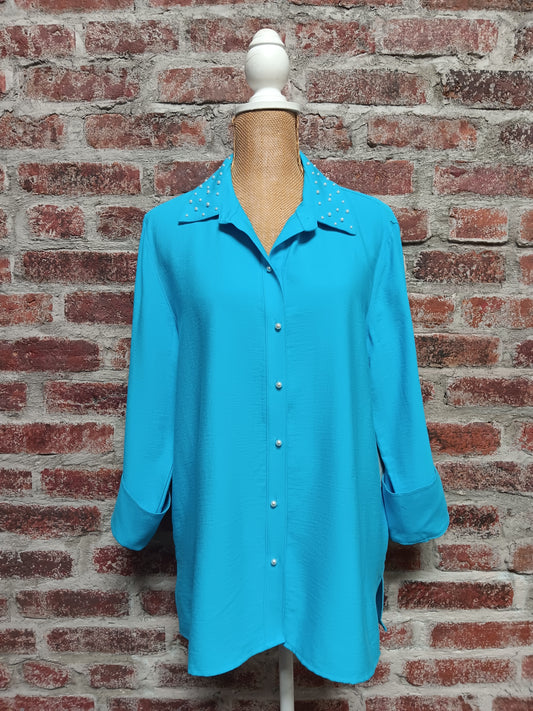 Blue Sea Cuffed Sleeve With Pearl Detail Button Up Top