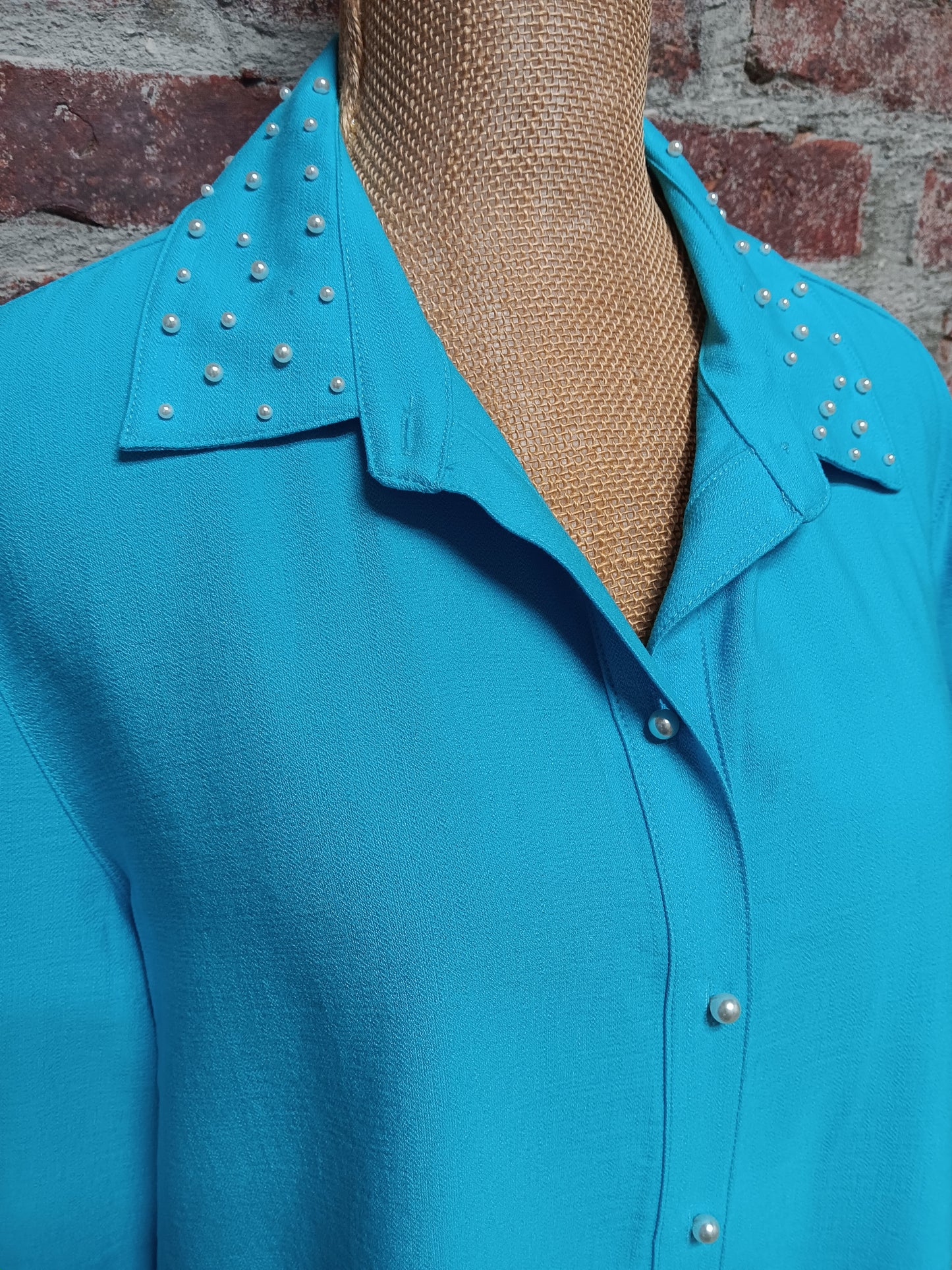 Blue Sea Cuffed Sleeve With Pearl Detail Button Up Top