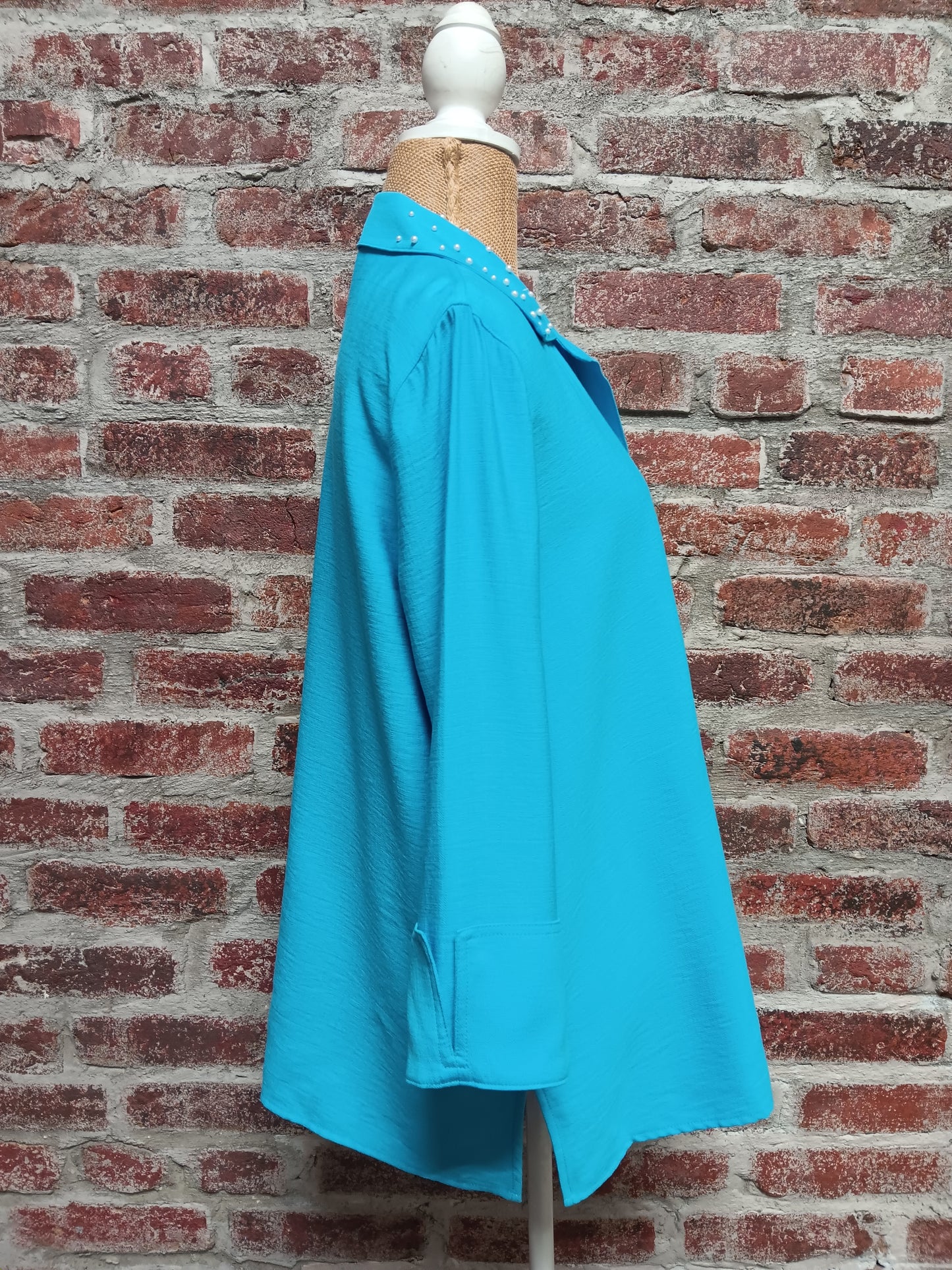 Blue Sea Cuffed Sleeve With Pearl Detail Button Up Top