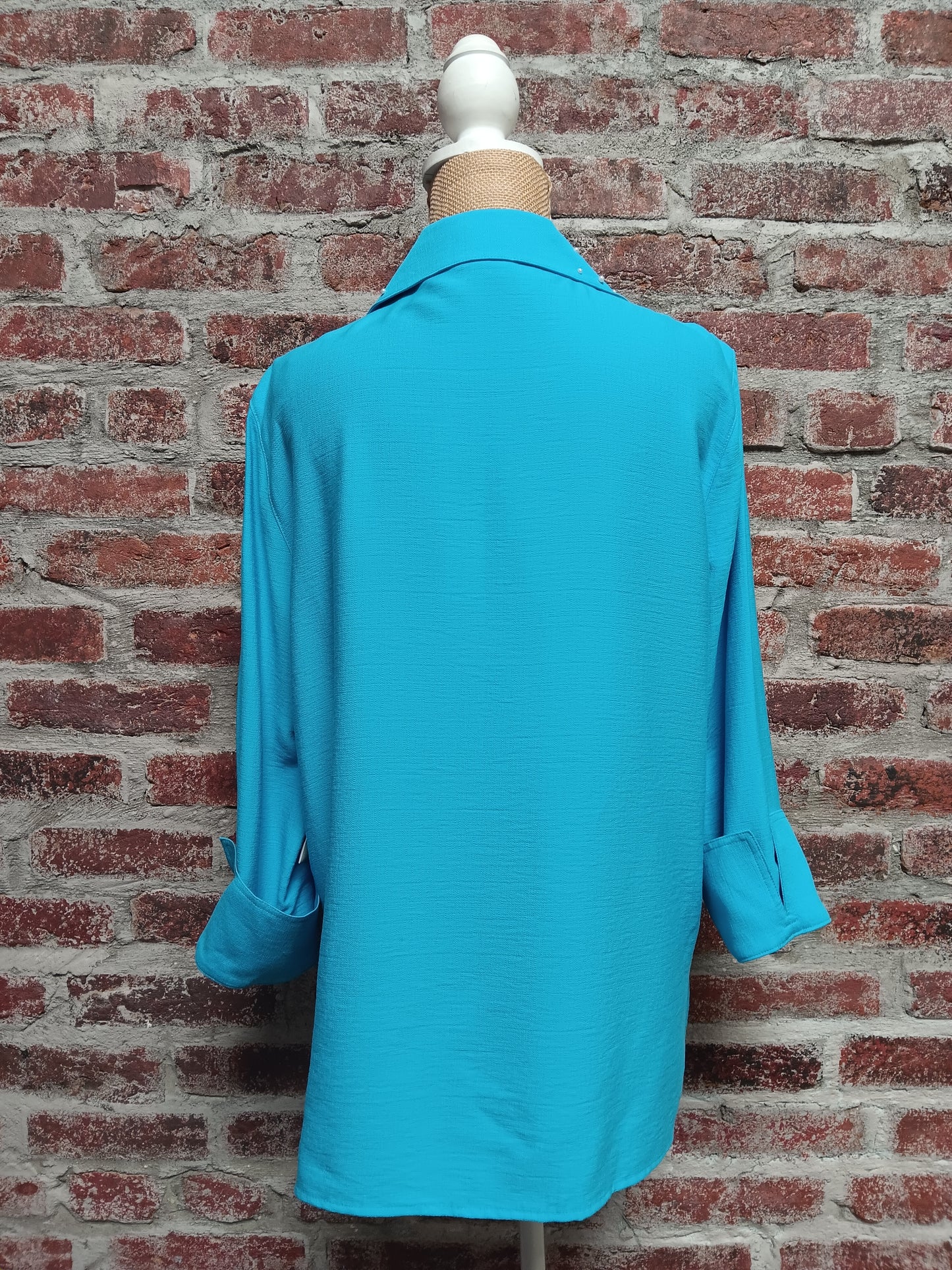 Blue Sea Cuffed Sleeve With Pearl Detail Button Up Top