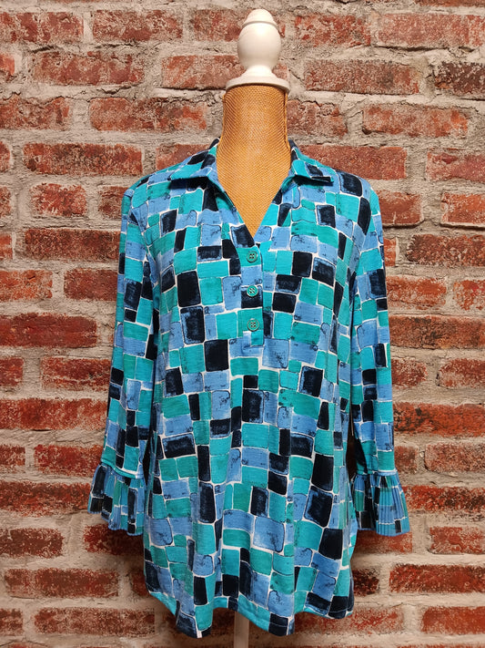 Aqua and French Blue Block Pattern 3/4 SLV Top