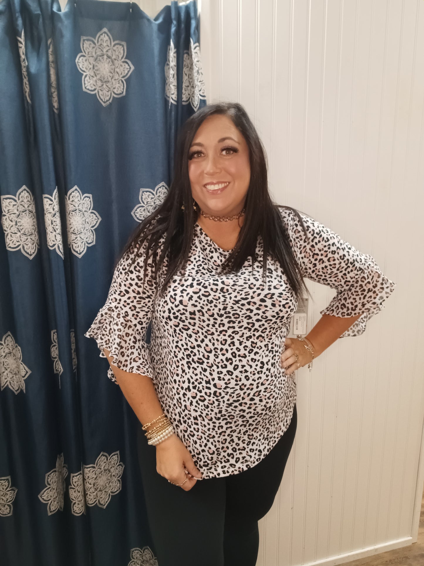 Blush Animal Print 3/4 Flounce Sleeve Top