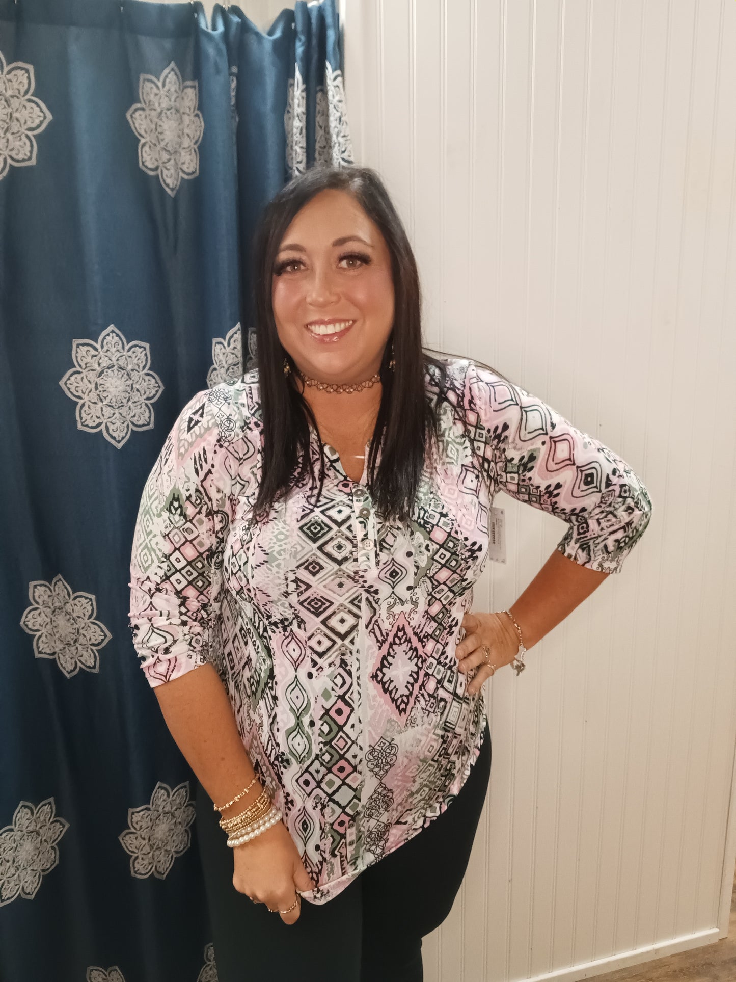 Pink Olive And Black Patterned Button Up V-Neck