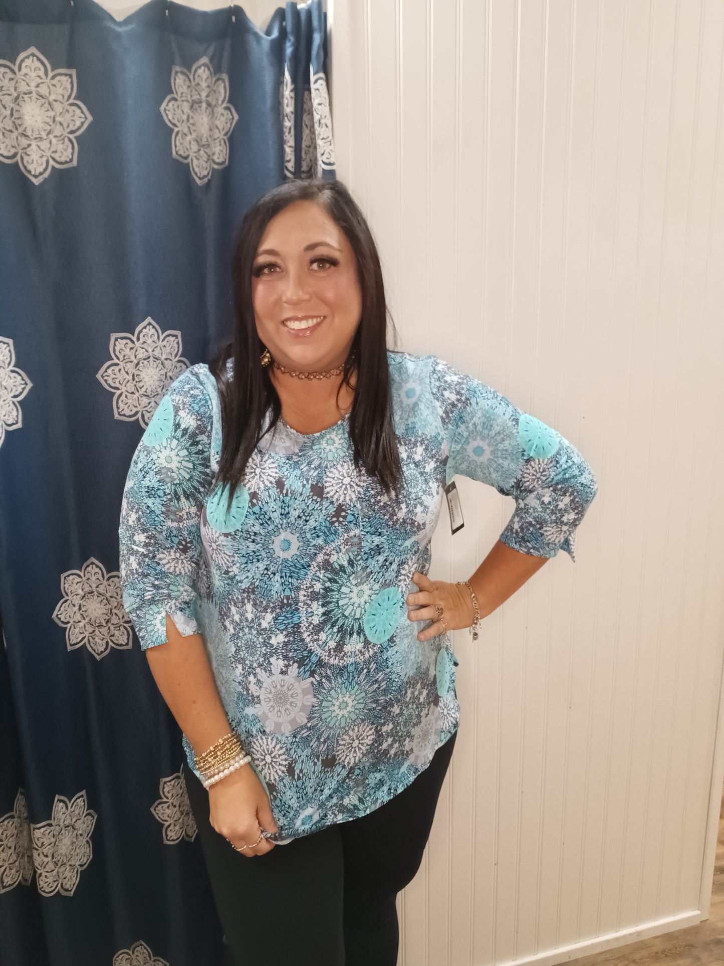 Turquoise/Gray Geometric Print 3/4 Sleeve Top With Pintuck Neckline
