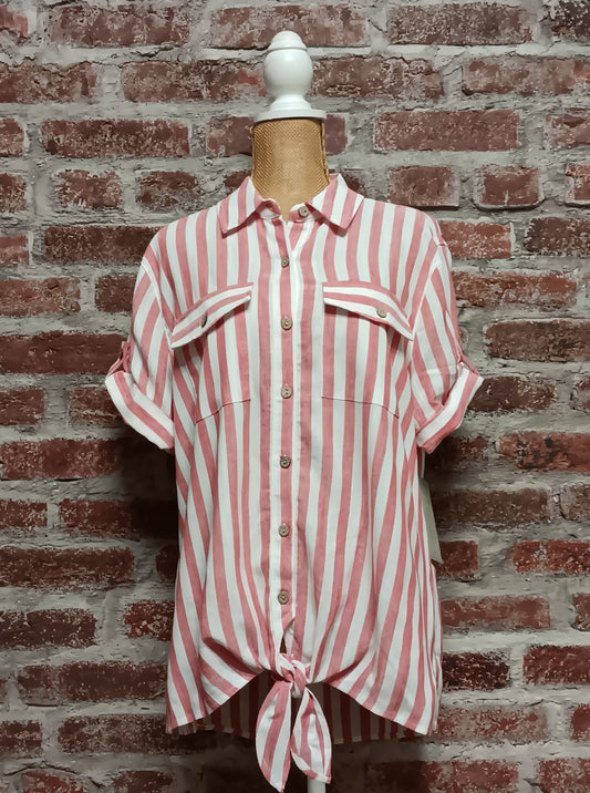 Red and White Striped Tie Waist Button Up Top