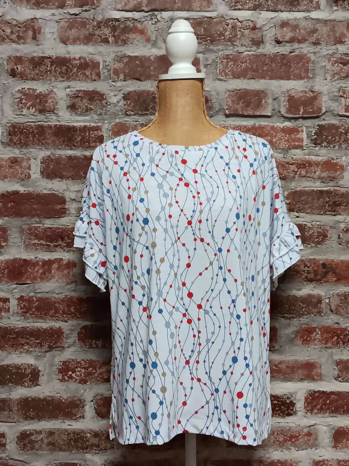 Red White and Blue Dotted Flounce Sleeve Top