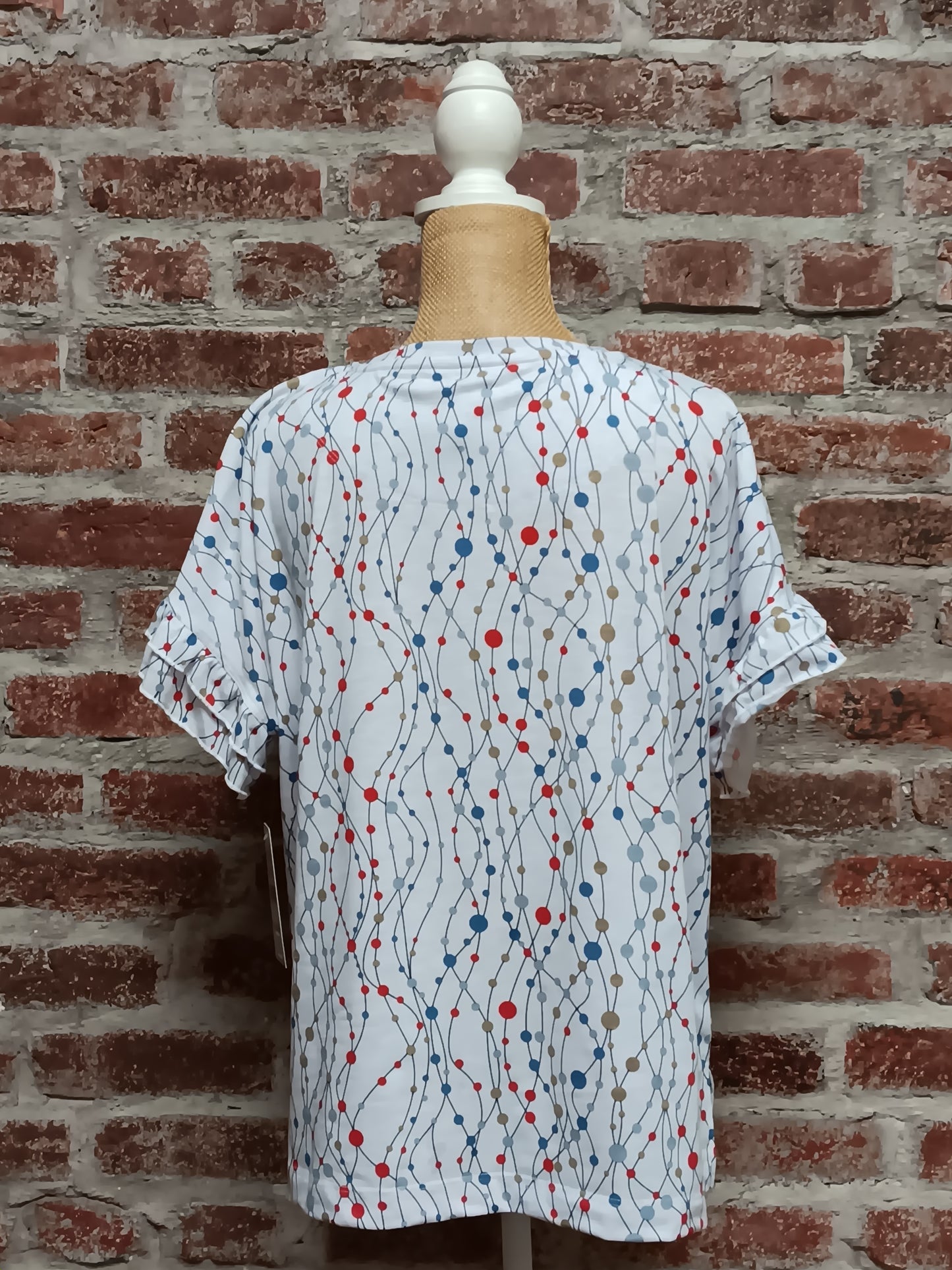 Red White and Blue Dotted Flounce Sleeve Top