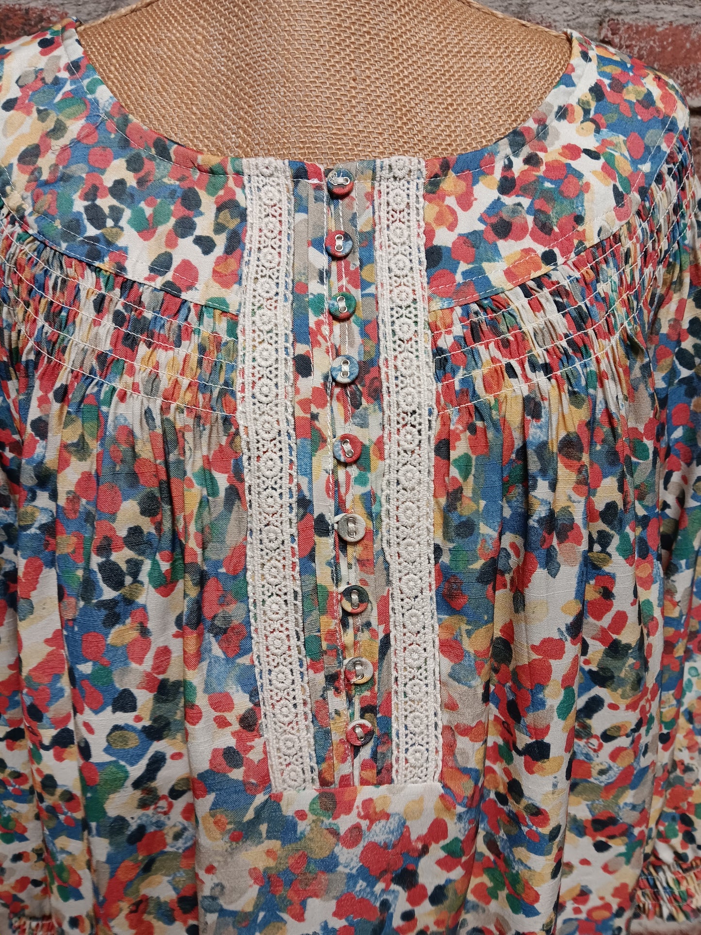 Multicolor 3/4 Sleeve Shirred Neckline Top