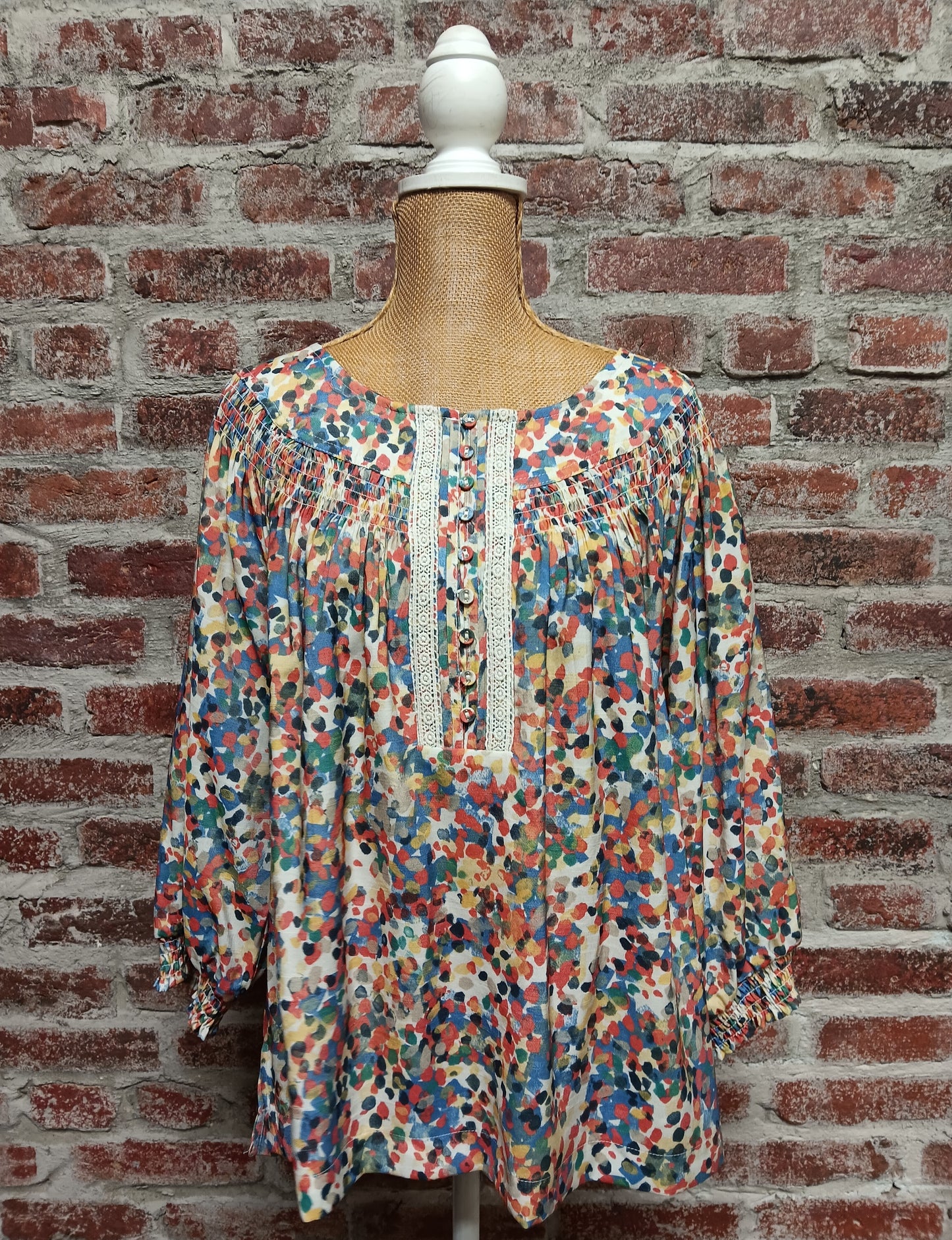 Multicolor 3/4 Sleeve Shirred Neckline Top