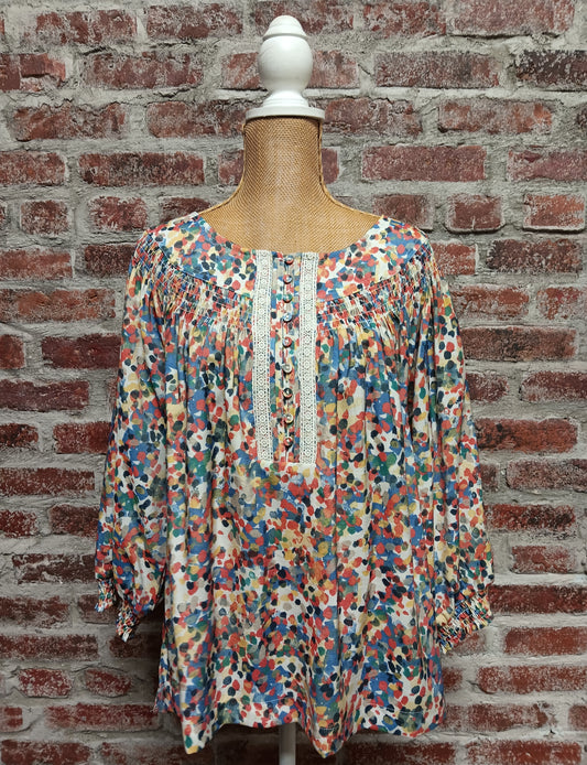 Multicolor 3/4 Sleeve Shirred Neckline Top
