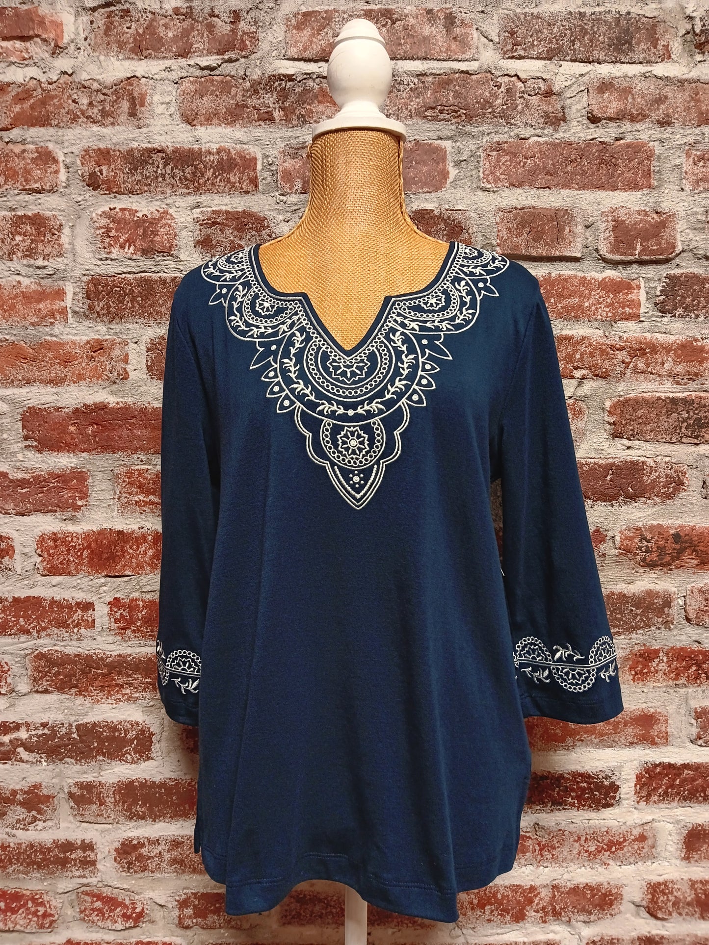 Navy 3/4 Sleeve Embroidery Neckline Detail Top