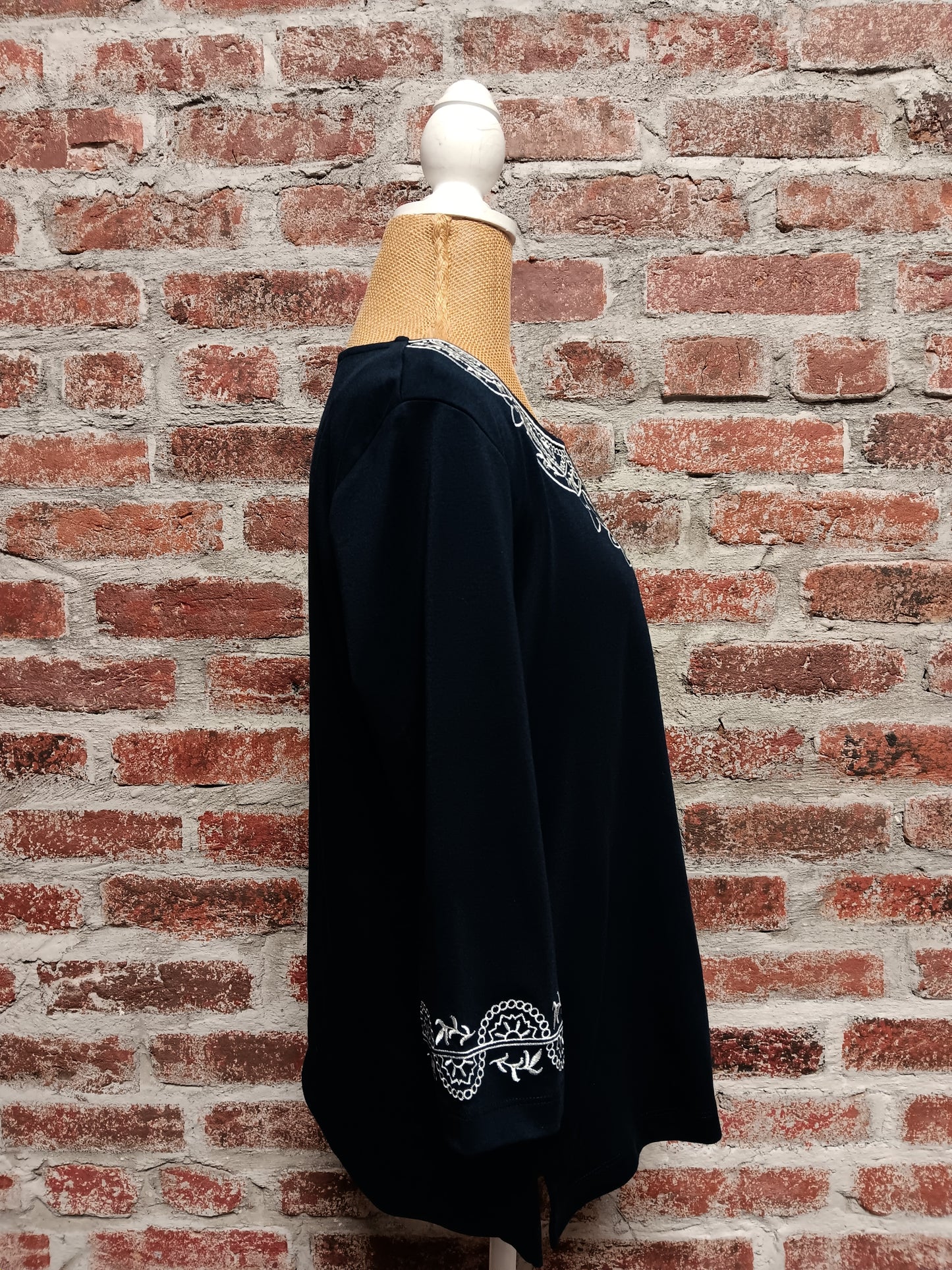Navy 3/4 Sleeve Embroidery Neckline Detail Top