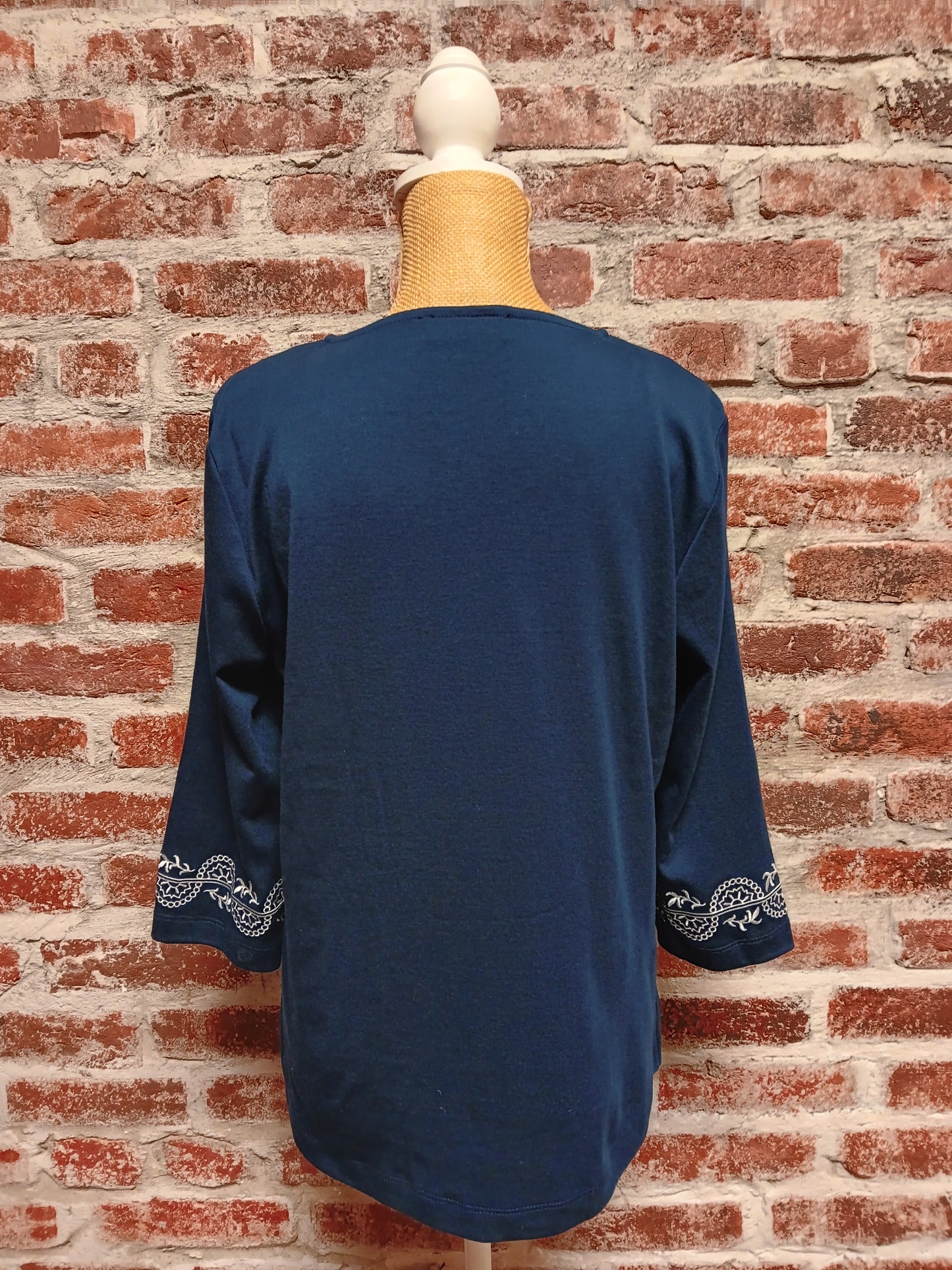 Navy 3/4 Sleeve Embroidery Neckline Detail Top