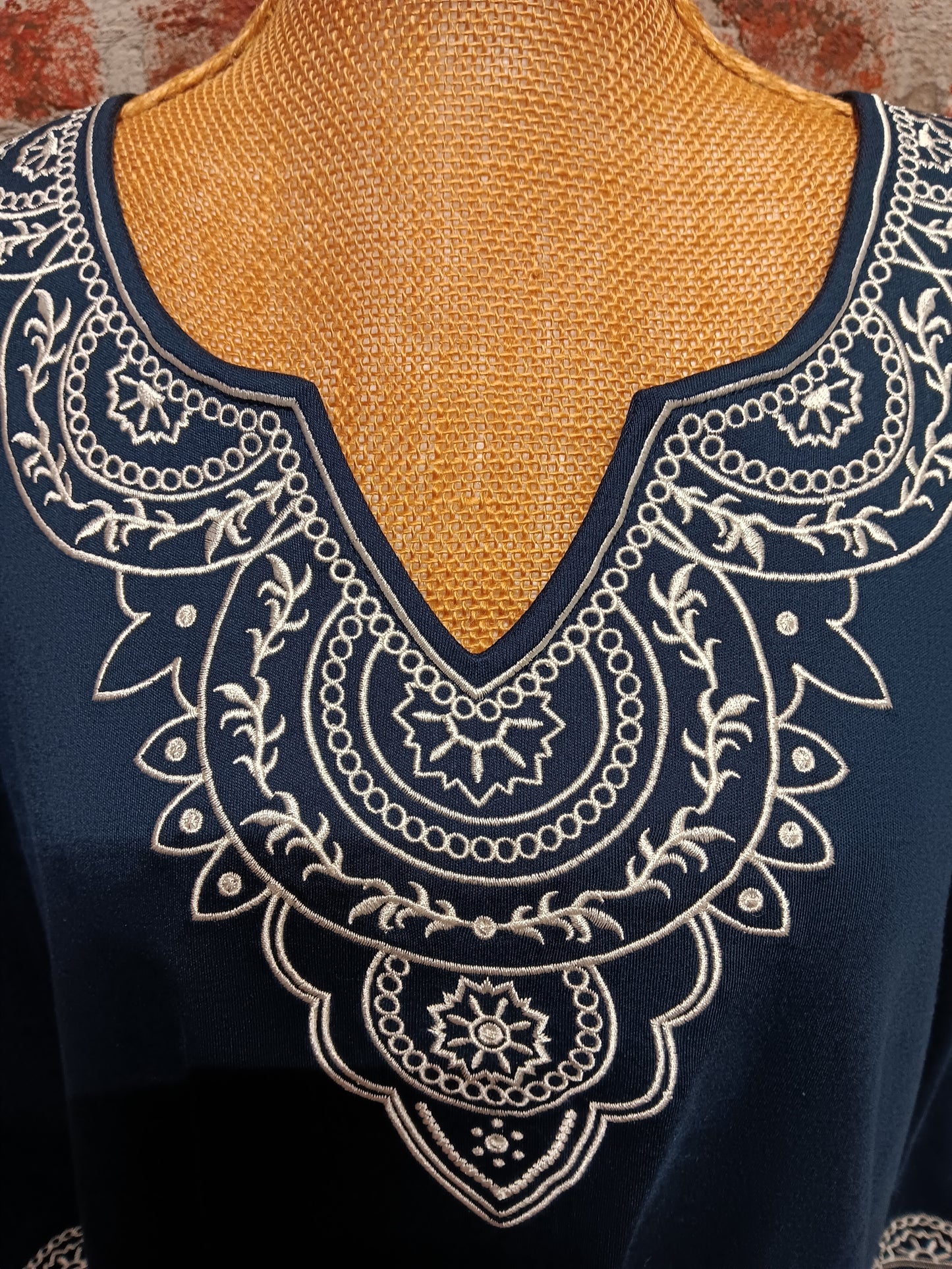 Navy 3/4 Sleeve Embroidery Neckline Detail Top