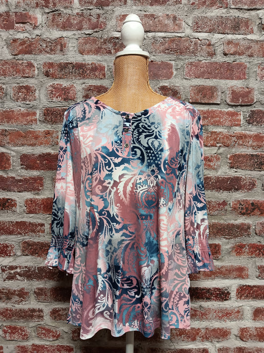 Rose and Blue Filigree Shirred 3/4 Sleeve Top