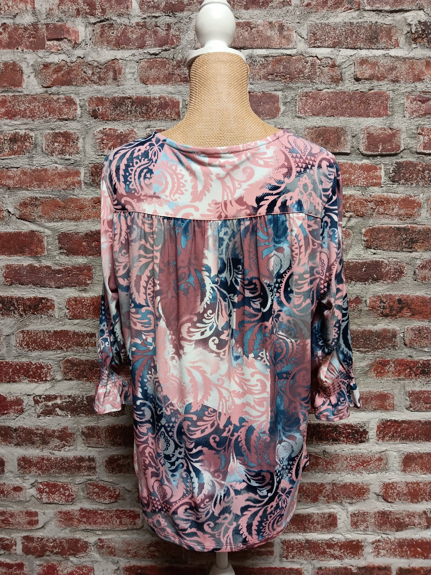 Rose and Blue Filigree Shirred 3/4 Sleeve Top