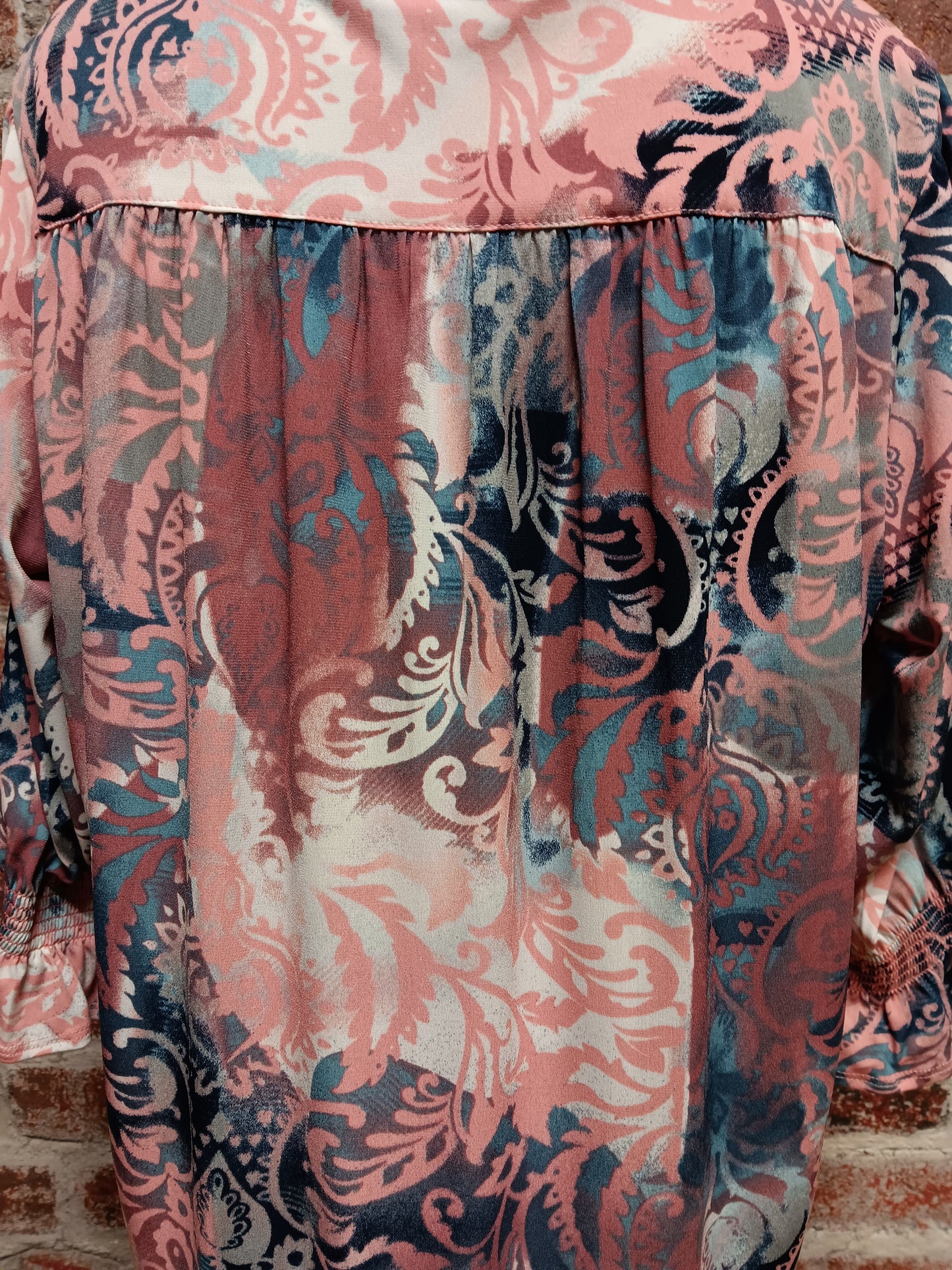 Rose and Blue Filigree Shirred 3/4 Sleeve Top