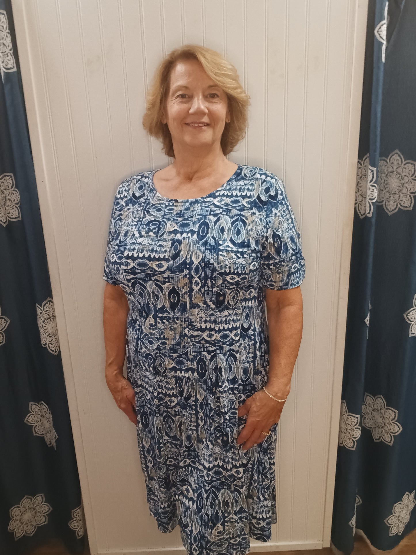 Blue White Tan Pattern Dress