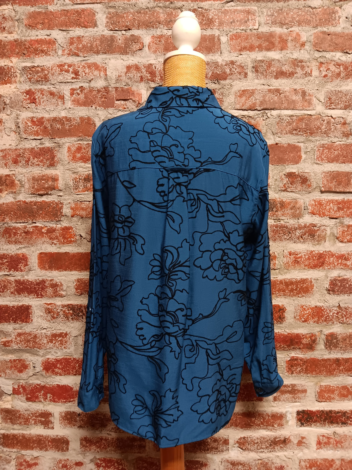 Indigo Black Embroidered Floral Print Tie up Waist Button Up Top