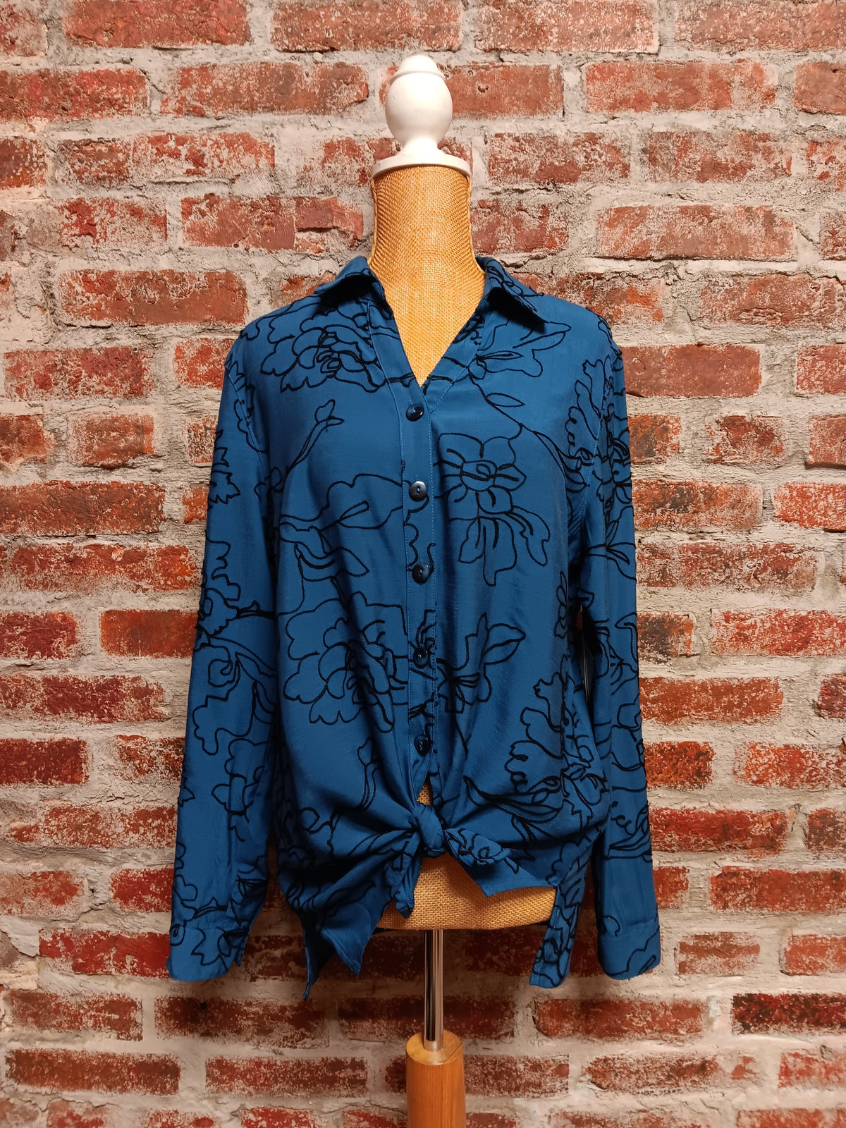 Indigo Black Embroidered Floral Print Tie up Waist Button Up Top