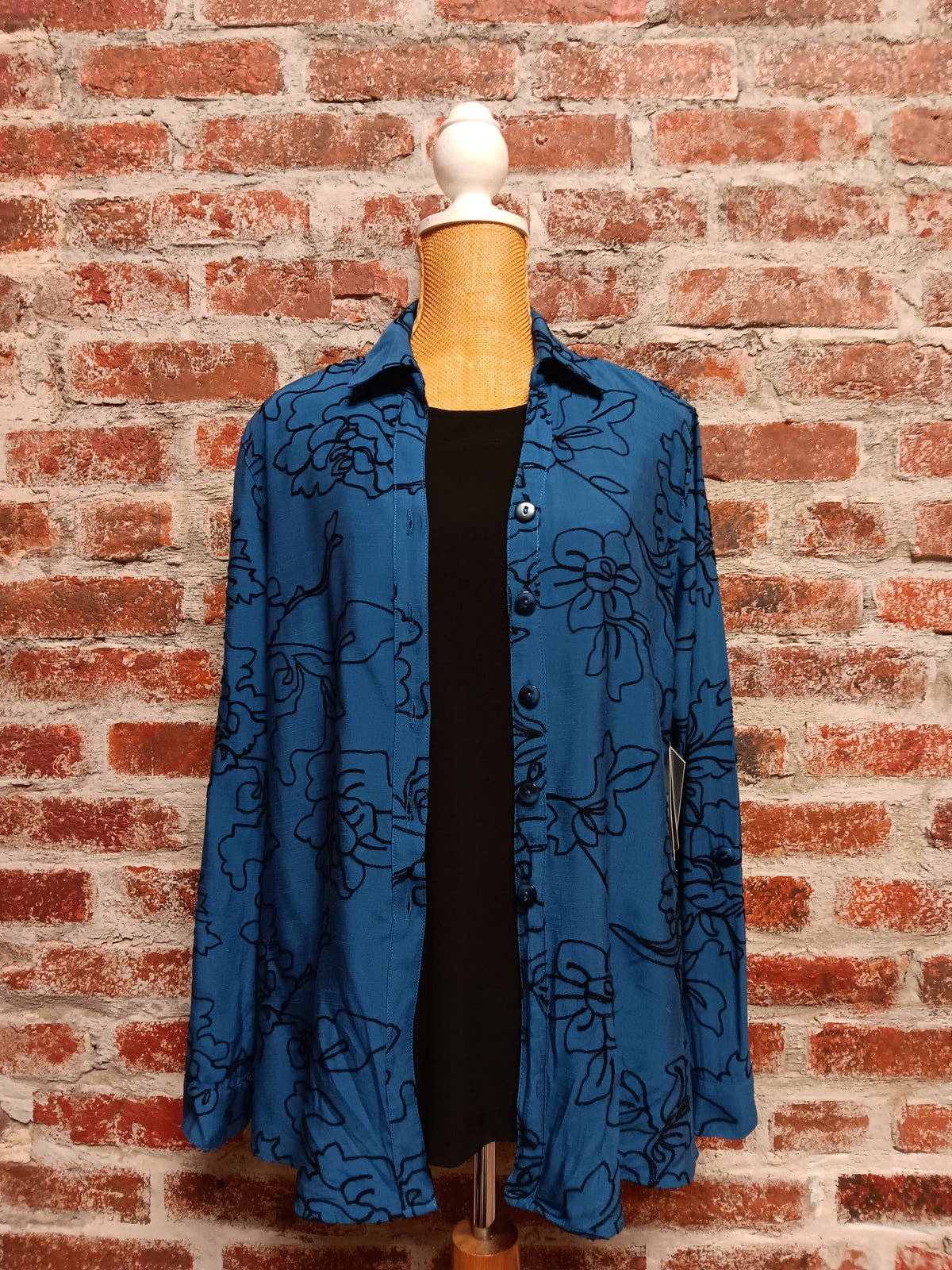 Indigo Black Embroidered Floral Print Tie up Waist Button Up Top