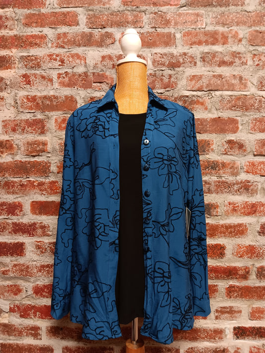 Indigo Black Embroidered Floral Print Tie up Waist Button Up Top