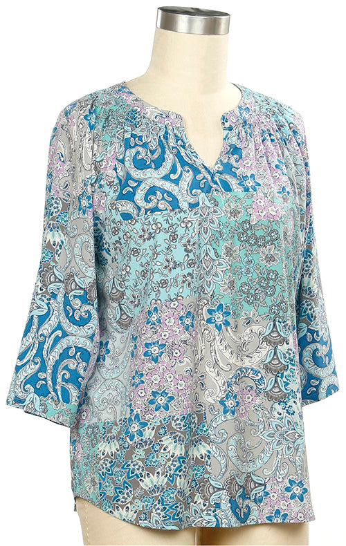 Blue Multicolor Floral Top 3/4 Sleeve Smocked Neckline