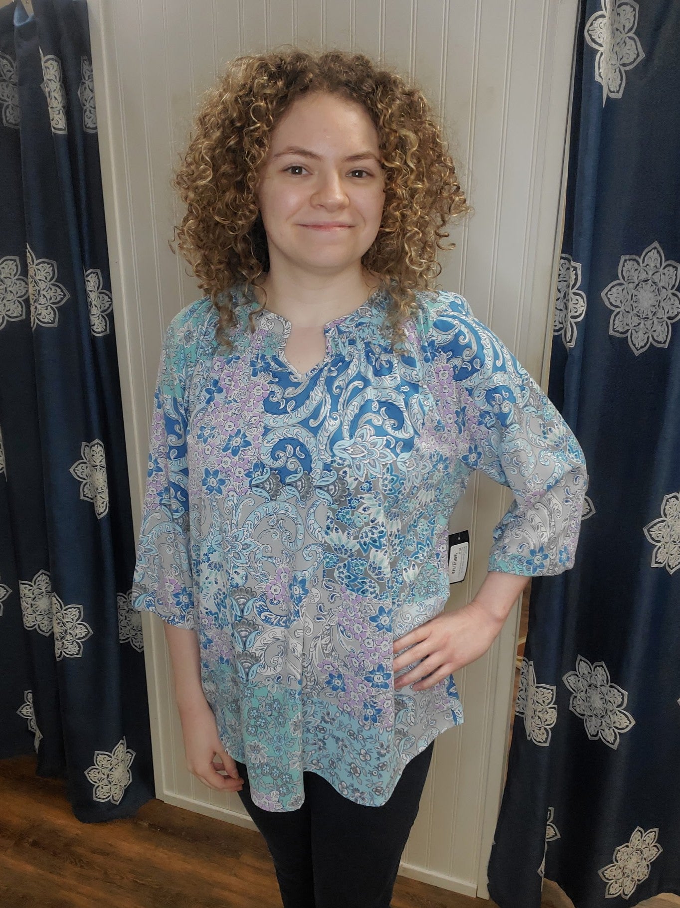 Blue Multicolor Floral Top 3/4 Sleeve Smocked Neckline