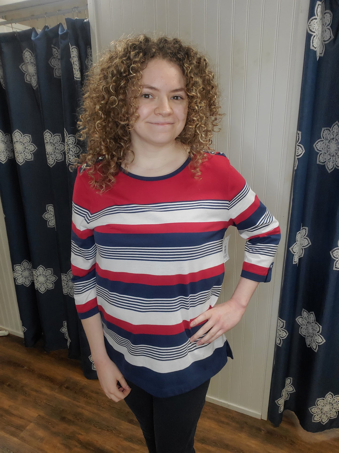 Red/White/Blue Knit Striped 3/4 Sleeve Top