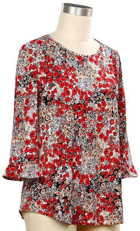 Black/Red Small Floral Print 3/4 Sleeve Top