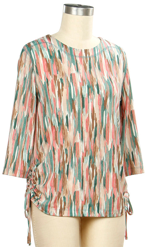 Beige/Pink/Teal Brush Stroke Print 3/4 Tie Up Sleeve Top