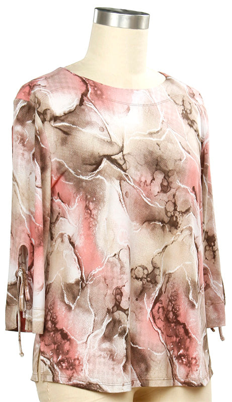 Peach/Khaki 3/4 Sleeve Top With Tie Sleeve Detail