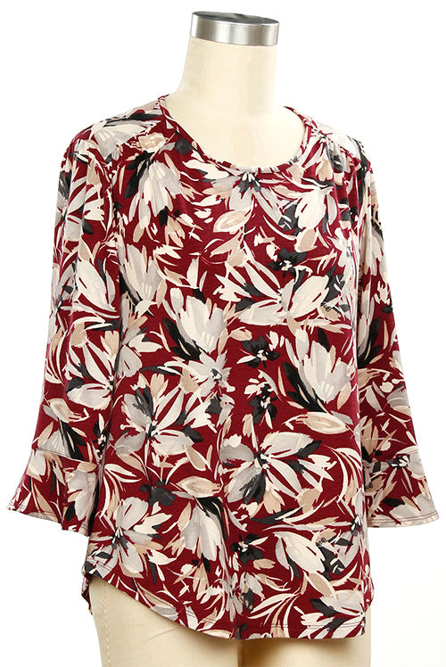 Wine Beige Black Floral Bell Sleeve Top