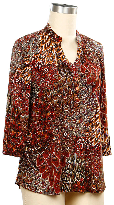 Brown and Clay Feather Print 3/4 Sleeve Top
