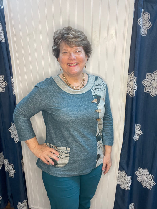 Teal/Gray 3/4 Sleeve Faux Button Pull On Top