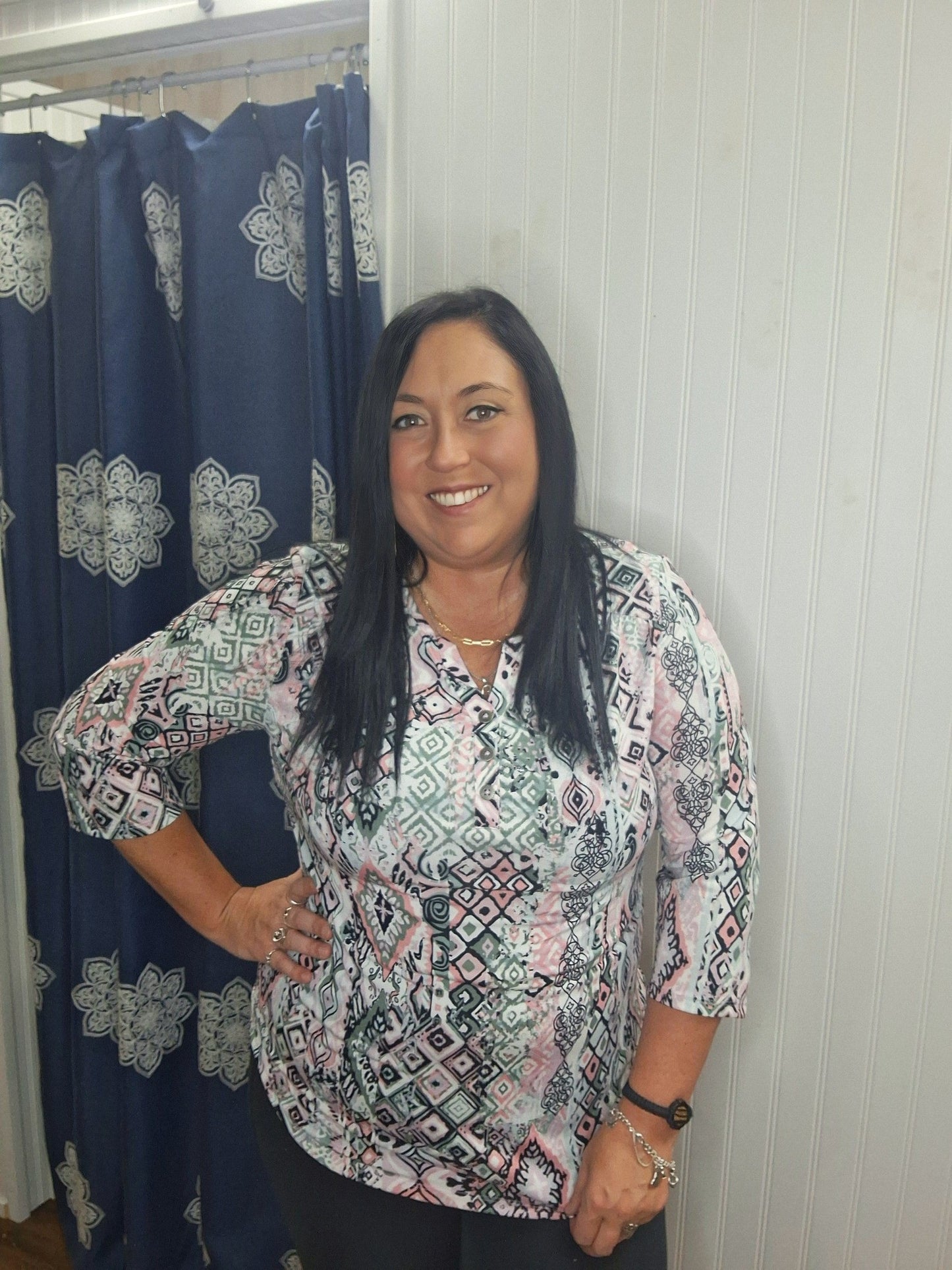 Pink Olive And Black Patterned Button Up V-Neck