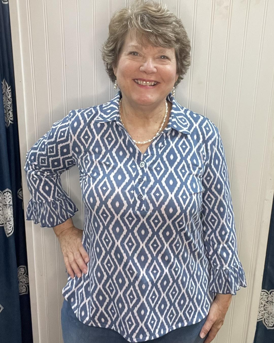 Blue and White Pleated Flounce 3/4 SLV Top